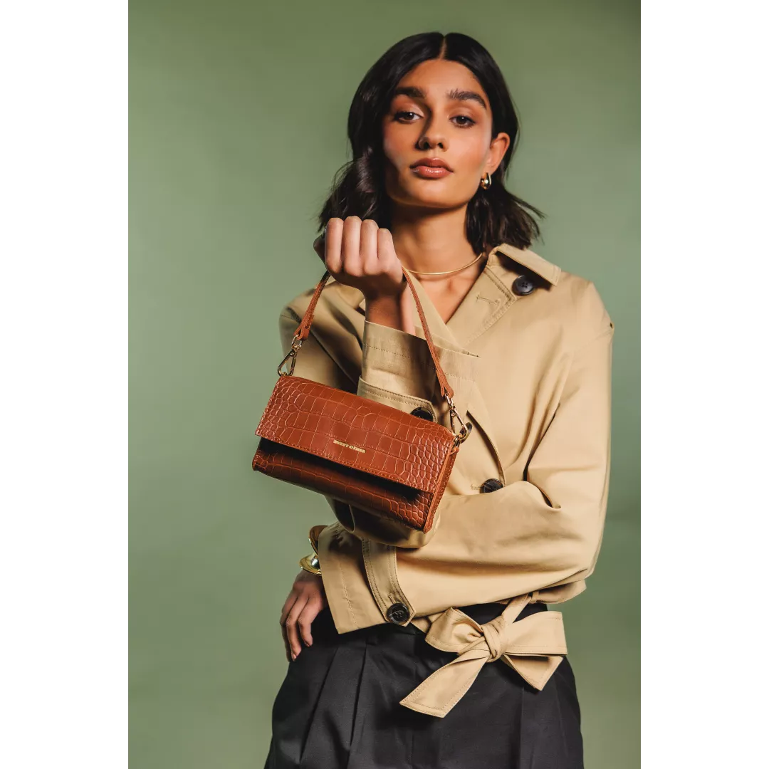 Croc Flap Over Shoulder / Crossbody - Tan