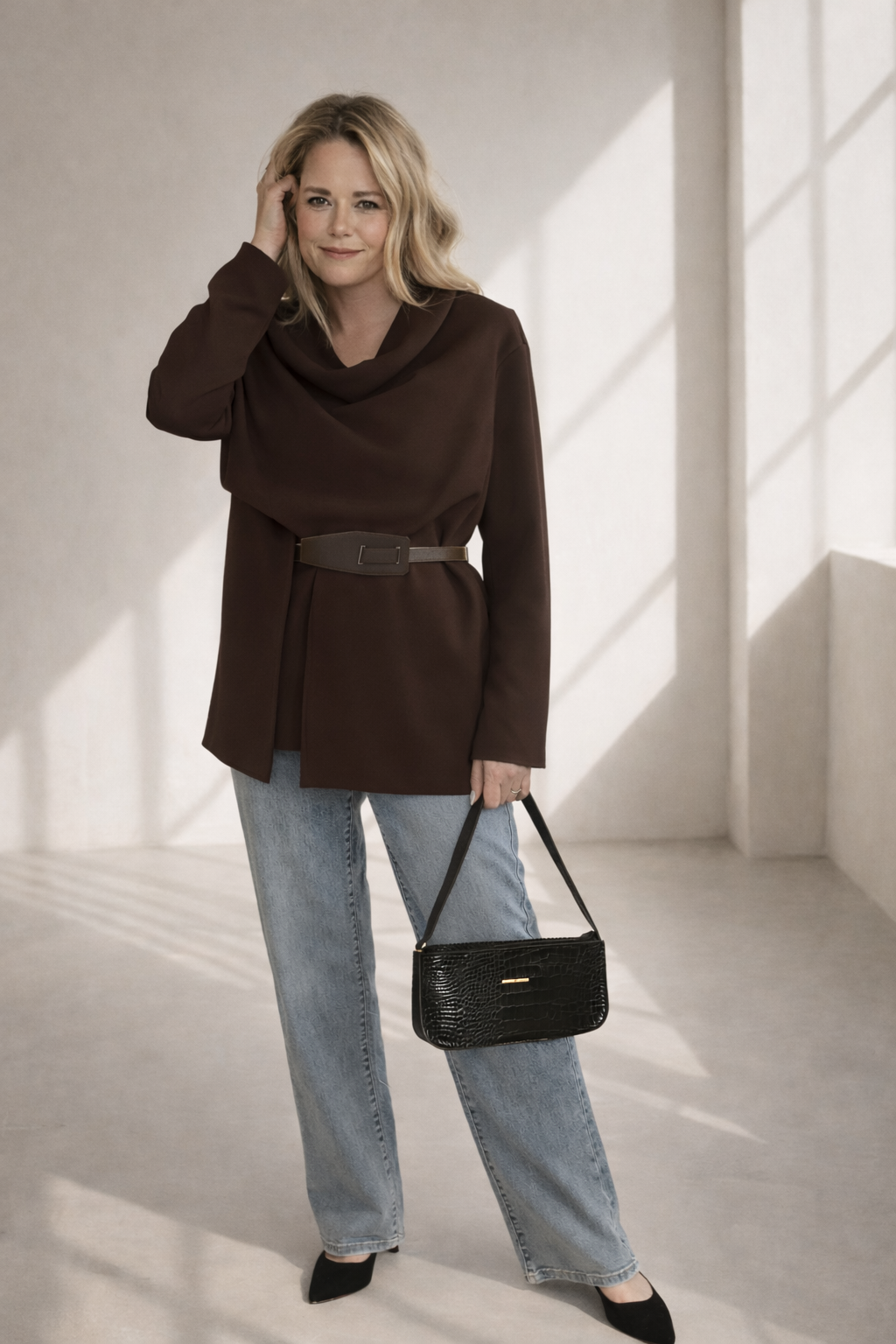 Belt Scarf Cardigan - Brown