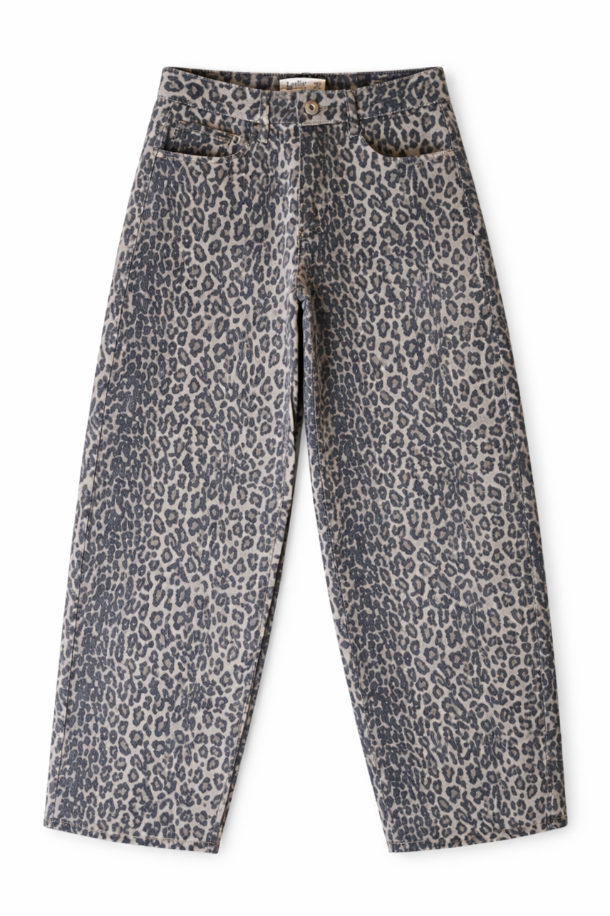 Barrel Fit, Full Length, Leopard Print Jeans