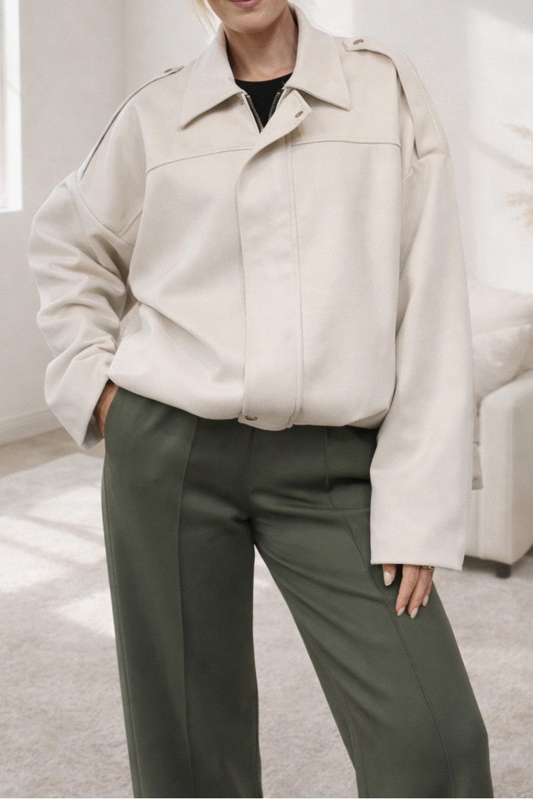 Suedette Loose Fit, Zipped Jacket - Cream