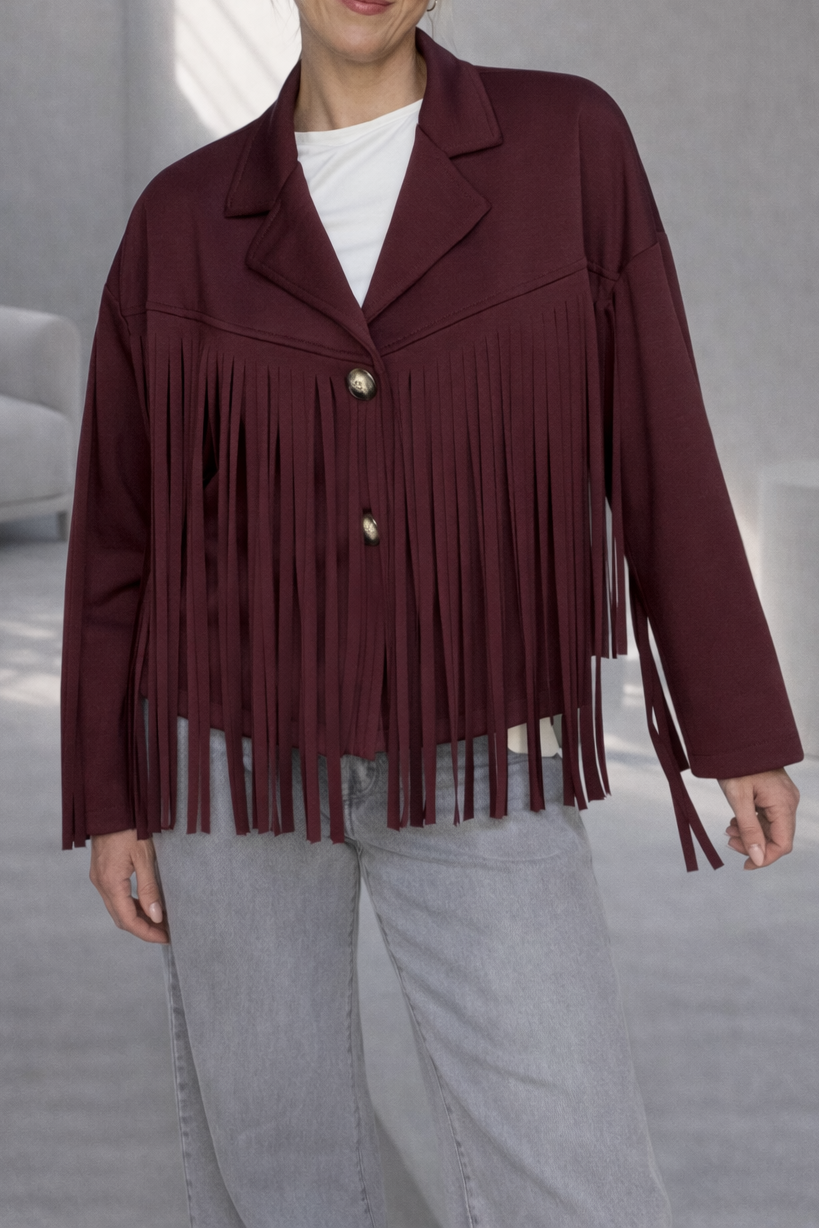 Cropped Fringe Trim Jacket - Burgundy