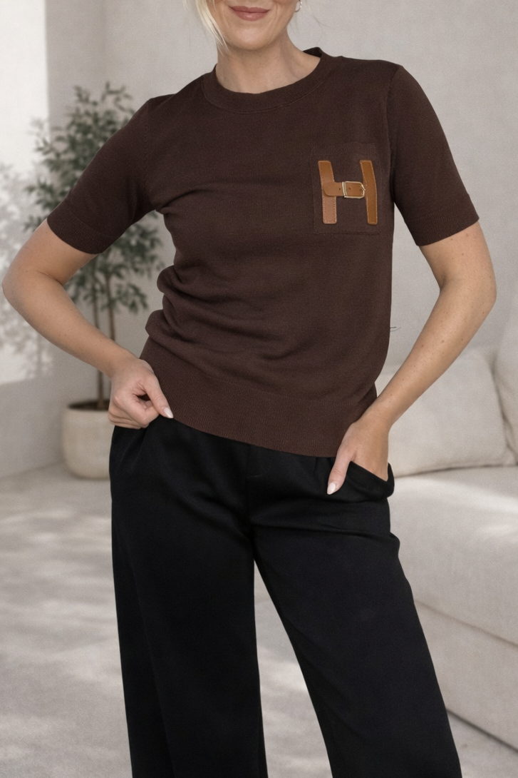 Belt Detail fine knit top - Brown