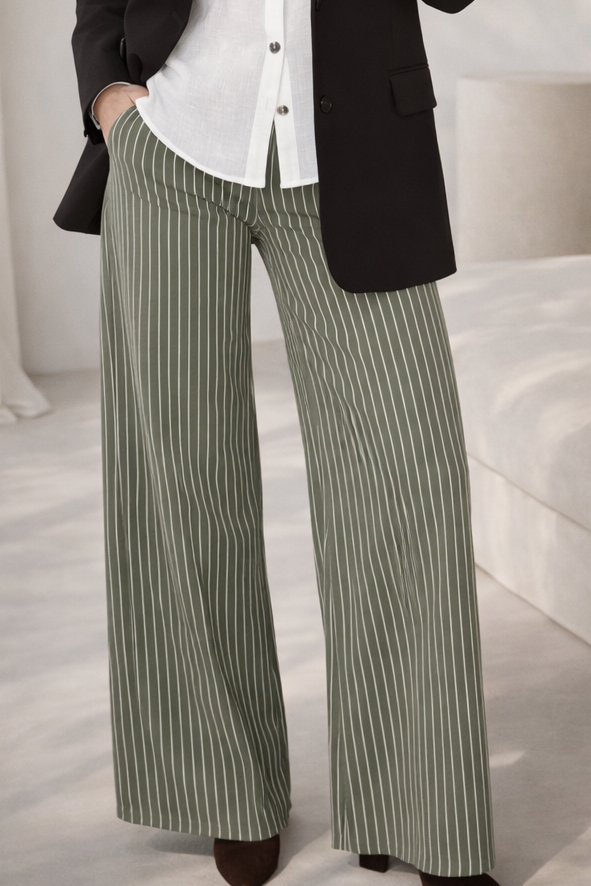 Wide Leg Pinstripe Jeans - Khaki