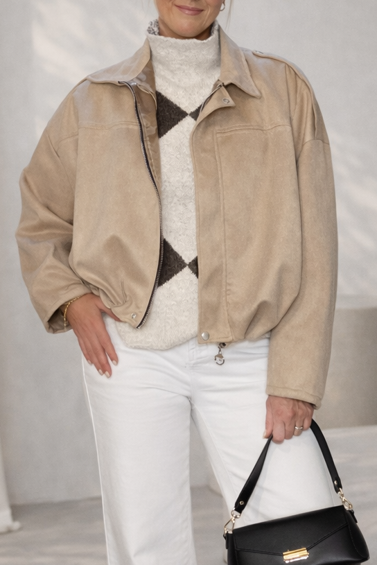 Suedette Loose Fit, Zipped Jacket - Sand