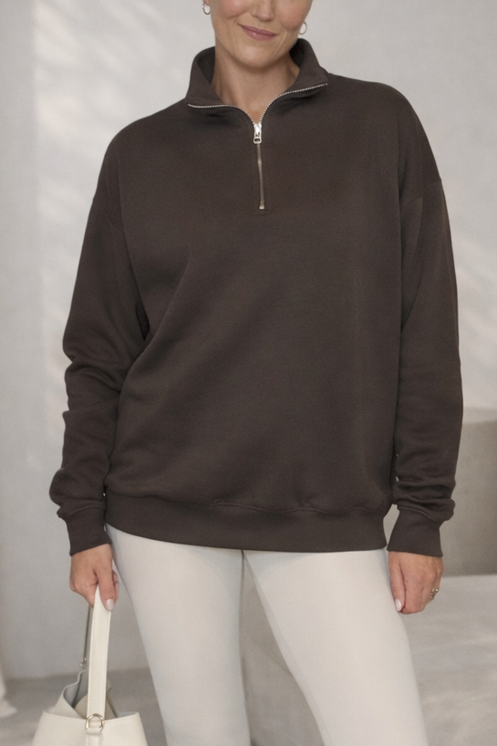 1/4 Zip Oversized Sweatshirt - Brown