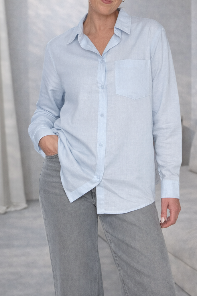 Long Sleeved Linen Shirt - Blue
