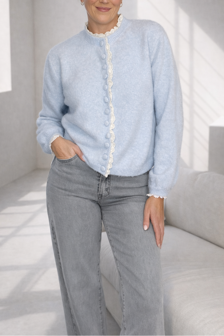 Lace Trim Buttoned Cardigan - Blue