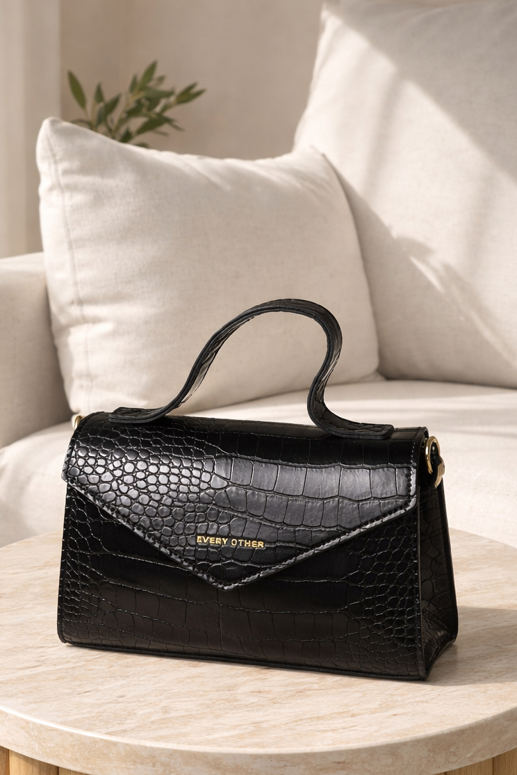 Alba Croc Crossbody Bag - Black