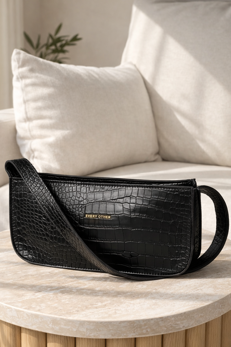 Alba Croc Shoulder Bag - Black