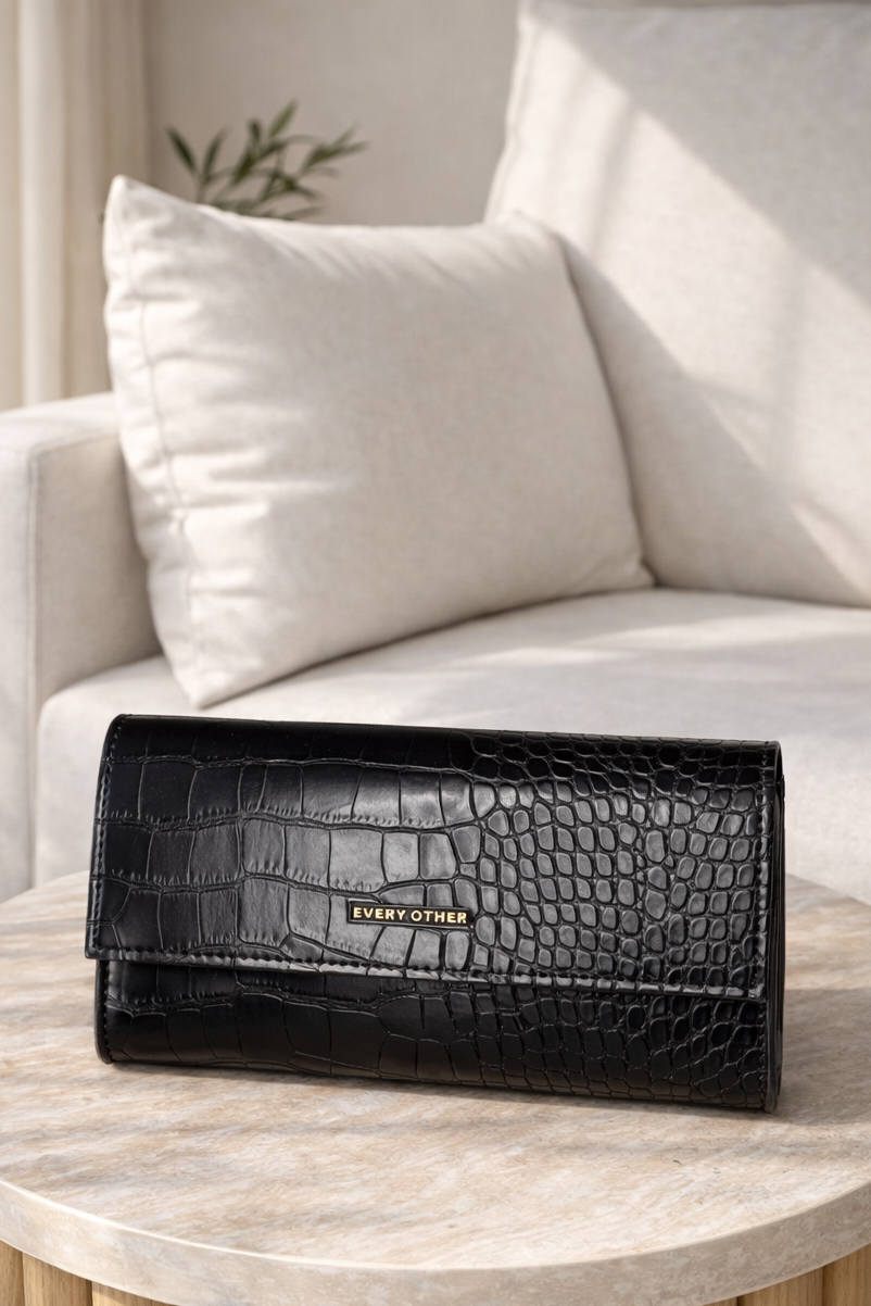 Croc Flap Over Shoulder / Crossbody - Black