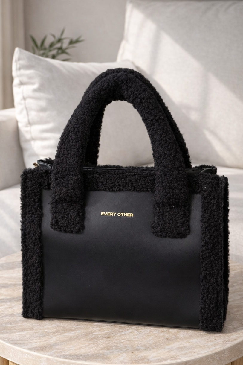 Square Shearling Grab Bag - Black