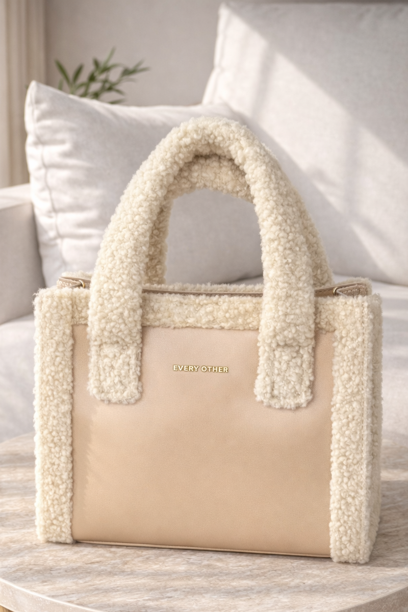 Square Shearling Grab Bag - Beige