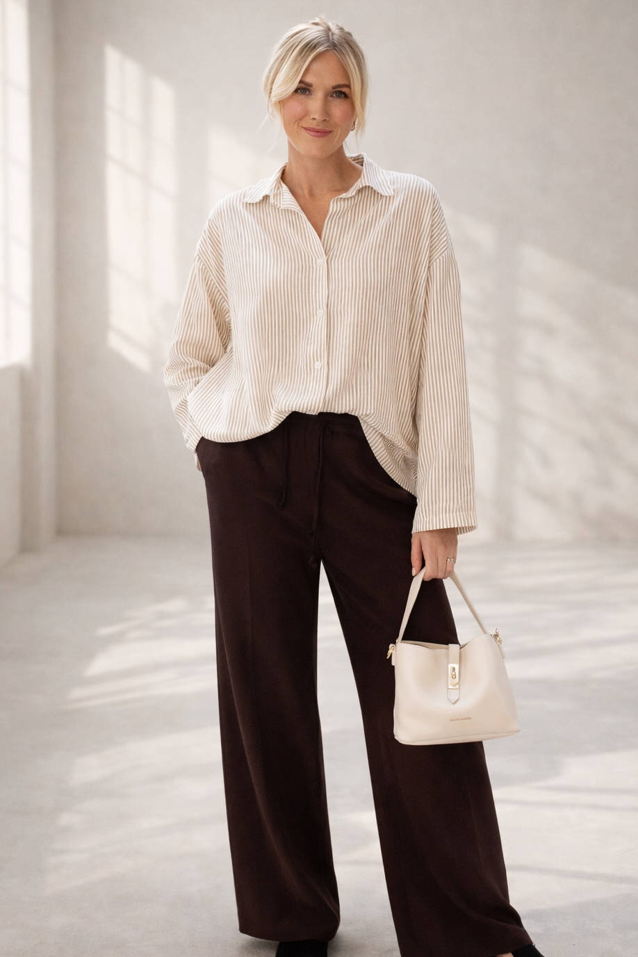 Striped Relaxed Shirt -Taupe